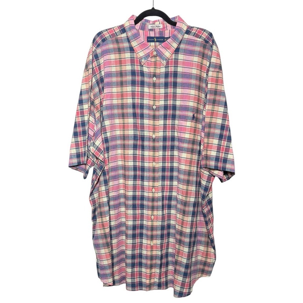 Ralph Lauren Indian Madras Pink Plaid Button Up Shirt Size 4XLT Preppy Pony